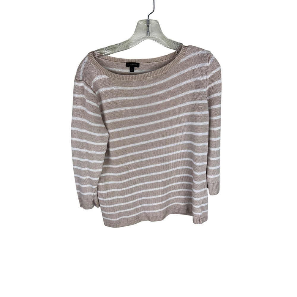 Talbots Womens Large Tan White Striped Boat Neck 3/4 Sleeve Knit Sweater Linen